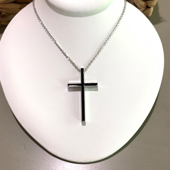 Black and Silver Tone Simple Cross Necklace, on  20”-22” chain. - Picture 4 of 12